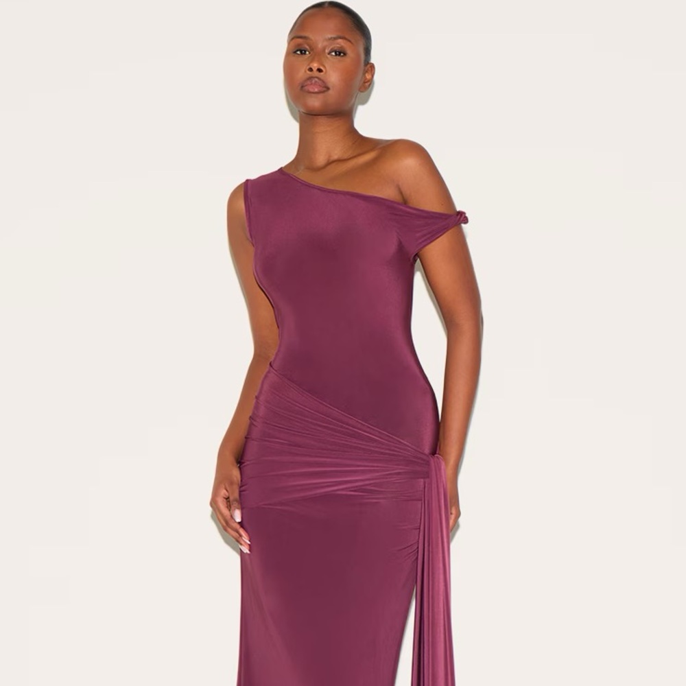 Plum Slinky Off Shoulder Wrap Detail Maxi Dress